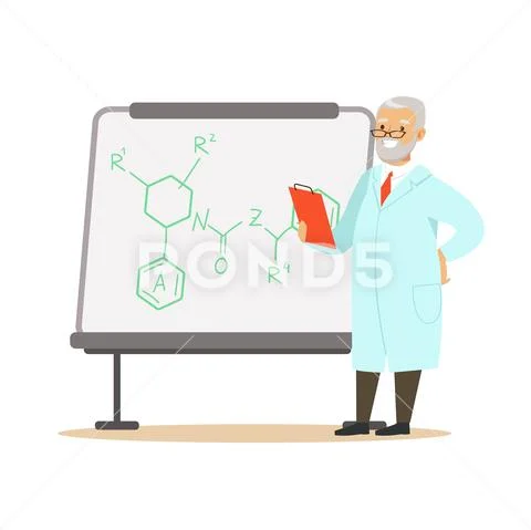 Gray-haired man scientist stands next to whiteboard with formula Stock Illustration