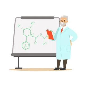 Gray-haired man scientist stands next to whiteboard with formula Stock Illustration