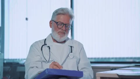 A gray-haired old doctor writes a prescription Stock Footage 158667562