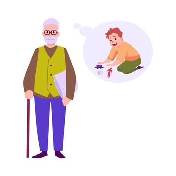 Gray-haired old stylish man remembers being child flat style, vector Stock Illustration