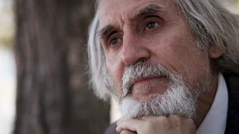 Gray-haired older man with beard talking looks up, close-up portrait Stock Footage 96475895