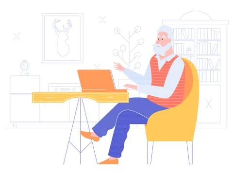 Gray-haired senior man working with a laptop. Illustration