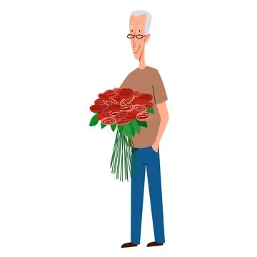 A gray-haired thin man with flowers in his hand. Stock Illustration