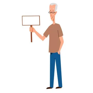 A gray-haired, thin man with a sign for the text in his hand. Stock Illustration