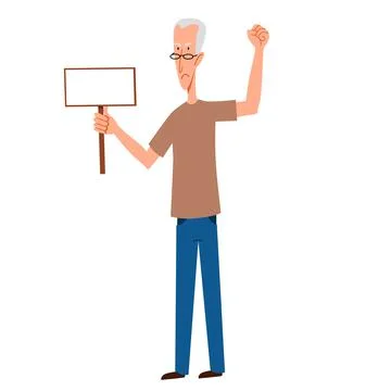 A gray-haired, thin man with a sign for text in his hand. A protesting person Stock Illustration