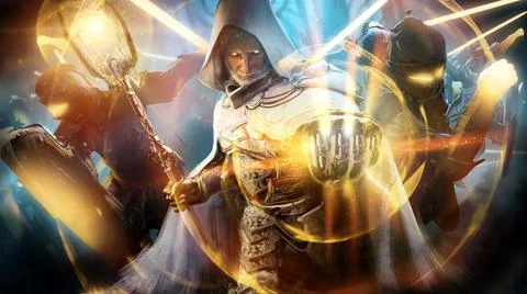 A gray-haired white wizard in a hood with a shining spiked staff clenches his 스톡 일러스트