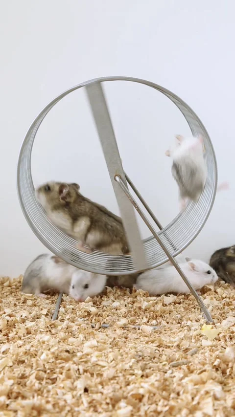 A gray hamster runs on a wheel. A brood of rodents. Gray and white mice. Stock Footage 220949176