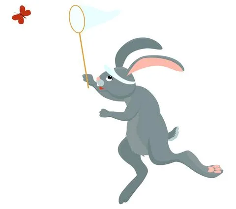 Gray hare or rabbit jumps holding butterfly net Illustrazione stock