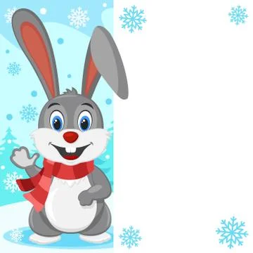 Gray hare in a scarf waving his paw. Place for text. 库存插图