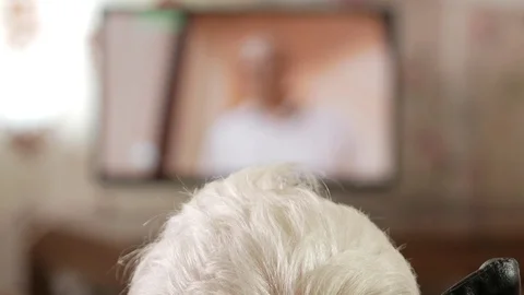 The gray head of an elderly man is watching television. Rear view, moving camera Stock Footage 76919912