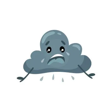 Gray humanized cloud with rain drops. Sad face with tears. Cartoon weather Stock Illustration