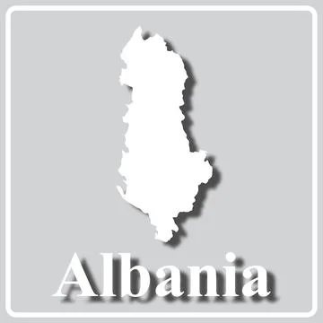 Gray icon with white silhouette of a map and the inscription Albania Stock Illustration
