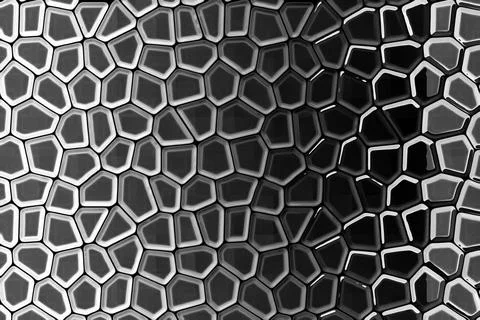 A gray, illuminated computer-generated illustration of an irregular honeycomb Stock Photos