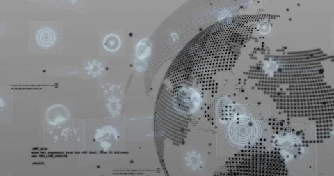 Gray interface activating node icons forming and drifting toward rotating globe Stock Footage 329297292