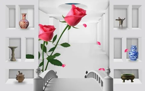 Gray interior with bright jugs and statuettes, two large pink roses Stock Illustration
