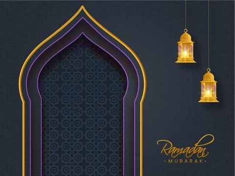 Gray Islamic Pattern Background with Paper Layer Cut Mosque Door and Hangin.. Stock Illustration