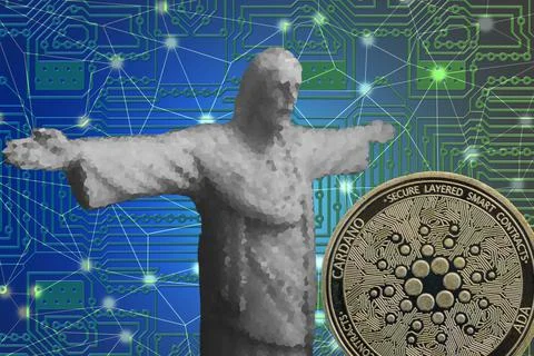 Gray jesus statue with a facet effect with a golden ada from cardano and a ne Stock Illustration