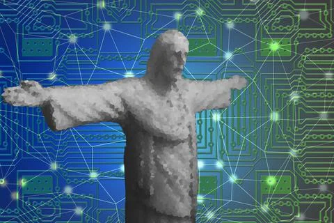 Gray jesus statue with a facet effect and a blue network background Stock Illustration