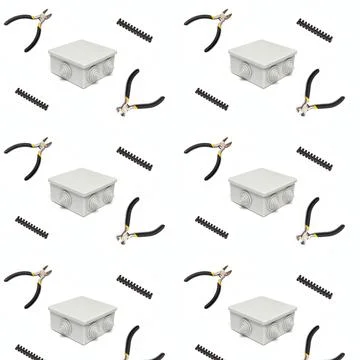Gray junction box and tools isolated on white background used in electricity. Stock Photos