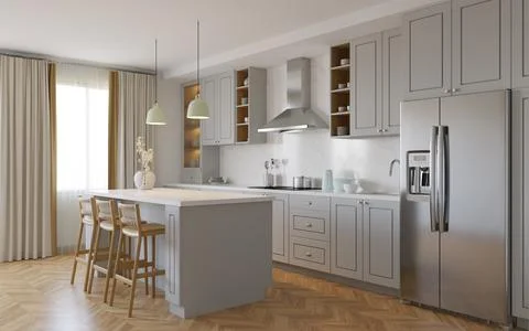 Gray kitchen interior with island. Stylish kitchen with white countertops. Stock-Illustration