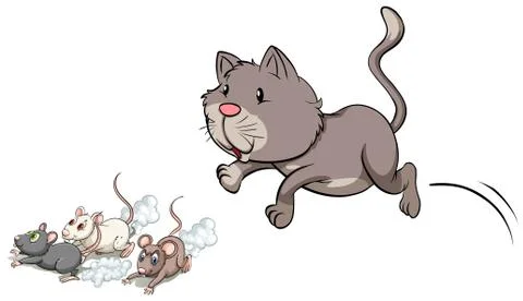 Gray kitten chasing mouse Stock Illustration
