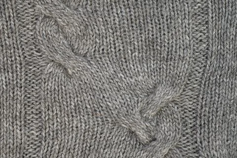 Gray knitted texture with a relief pattern. Handmade Knitwear. Background Foto stock