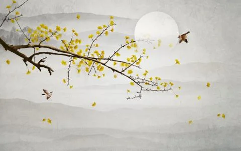 Gray landscape background, full moon, tree branch with yellow leaves Stock Illustration
