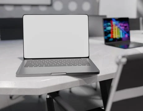 Gray laptop with blank screen on a white table in a modern office Stock Illustration