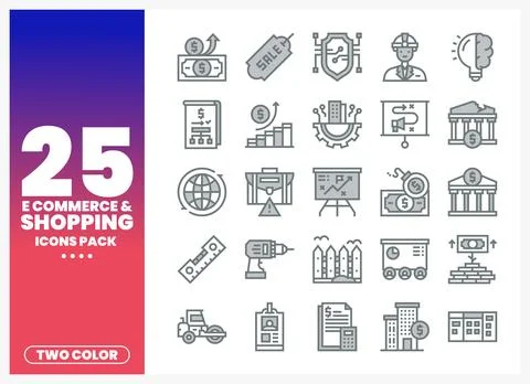 Gray line icons for e-commerce and shopping displayed on a white background Stock Illustration