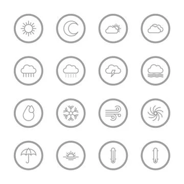 Gray line weather icon set with circle frame Stock Illustration