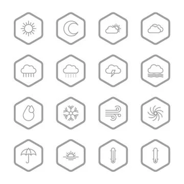 Gray line weather icon set with hexagon frame Stock Illustration