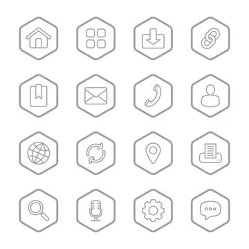 Gray line web icon set with hexagon frame Stock Illustration