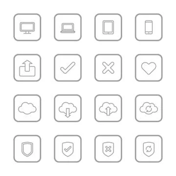 Gray line web icon set with rounded rectangle frame Stock Illustration