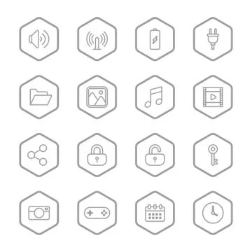 Gray line web icon set with hexagon frame Stock Illustration