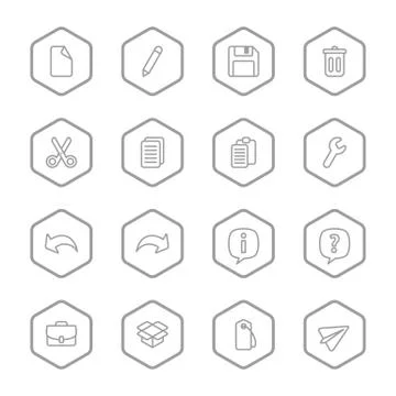 Gray line web icon set with hexagon frame Stock Illustration