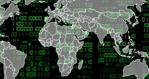 Gray map fading in, overlaying streaming binary code and mapping global tech Stock Footage 334036344