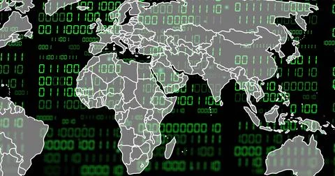 Gray map fading in, overlaying streaming binary code and mapping global tech 스톡 일러스트