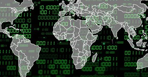 Gray map fading in, overlaying streaming binary code and mapping global tech 스톡 일러스트