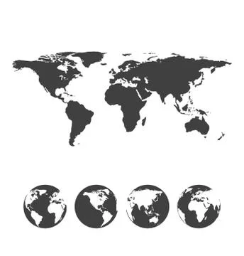 Gray map of the world with globe icons Stock Illustration