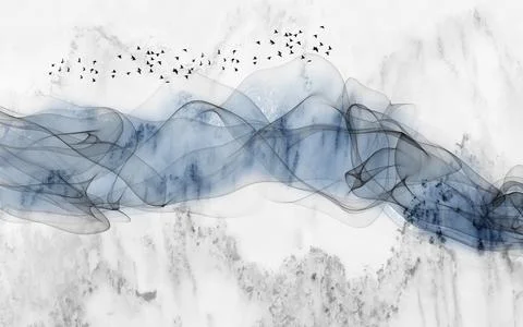 Gray marble background, abstract dark waves and a flock of black birds Stock Illustration