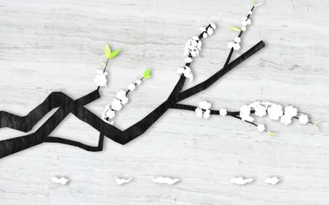 Gray marble background, black branch with white paper flowers and green leaves Stock Illustration