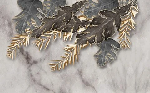 Gray marble background, composition of gray, brown and beige tropical leaves Stock Illustration
