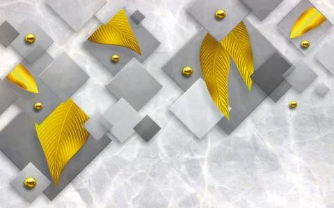 Gray marble background, gray rhombuses, gold leaves and shiny balls Stock Illustration