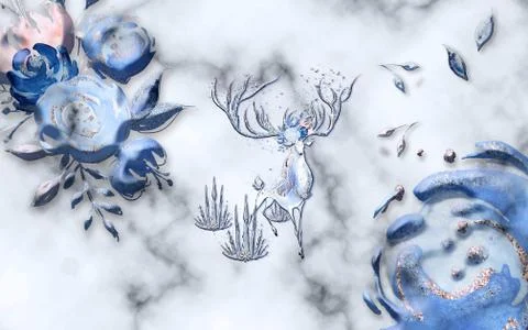 Gray marble background, large blue abstract flower buds, a fairy deer Stock Illustration