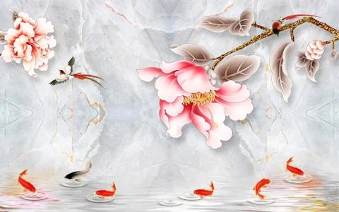 Gray marble background, large pink fantastic flowers and goldfish in the water Stock Illustration