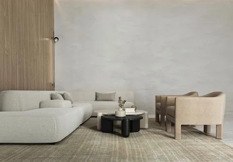 Gray minimal livingroom with large modular sofa, armchairs. Light modern Stock Illustration