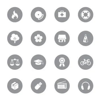 Gray miscellaneous flat icon set on circle Stock Illustration