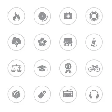 Gray miscellaneous flat icon set with circle frame Stock Illustration