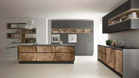 Gray modern minimalistic kitchen, with classic wood fittings, panoramic windo Stock Illustration