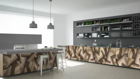 Gray modern minimalistic kitchen, with classic wood fittings, panoramic windo Stock Illustration
